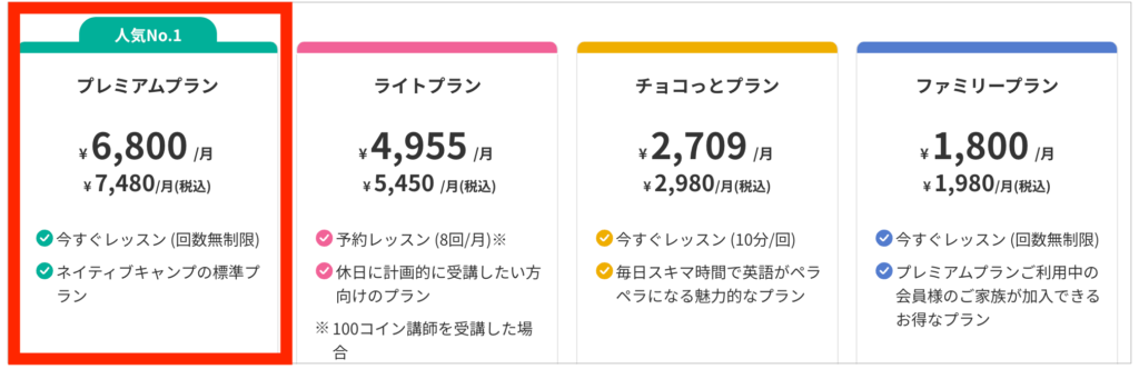 ネイティブキャンプの料金表