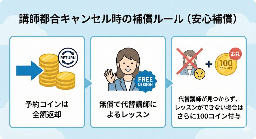 ネイティブキャンプ、講師キャンセル時の対応の表