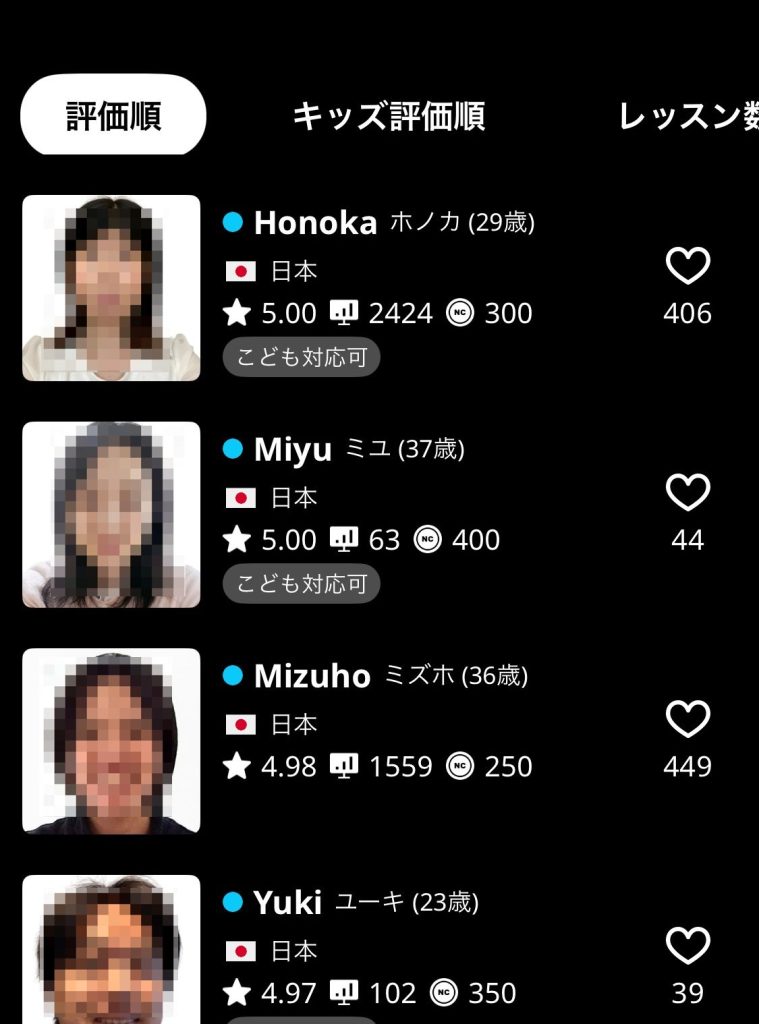 平日お昼時のネイティブキャンプ日本人講師の空き状況_７名空いている