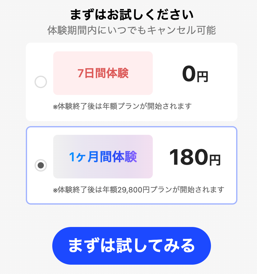 Speak体験プランは7日間と1ヶ月が選べるボタン_公式の一部抜粋