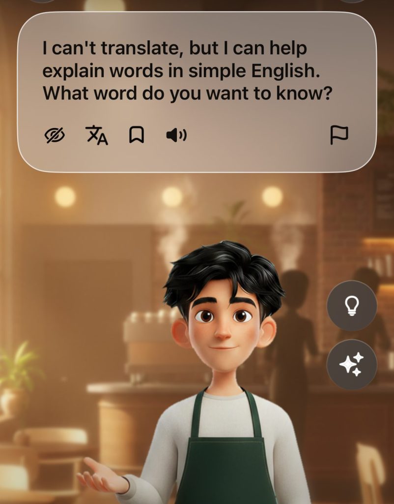 Speak_フリートークで日本語の返答を求めた時の返事_翻訳できないと言われている