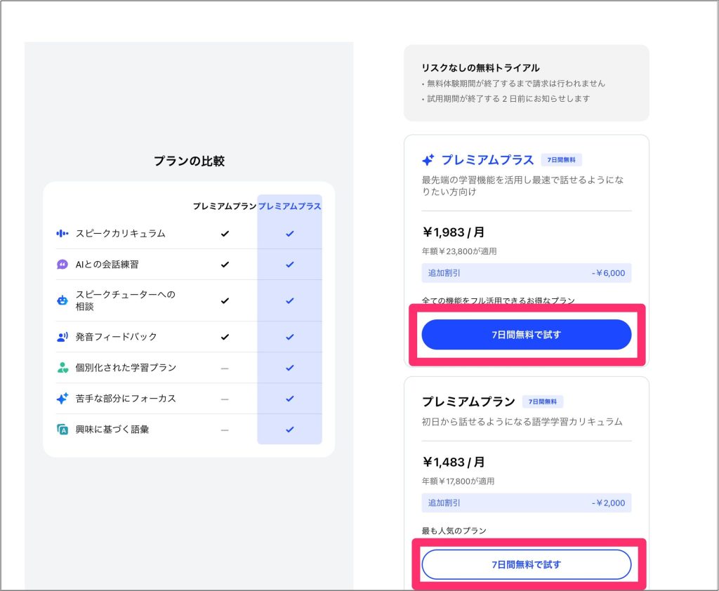 Speakキャンペーンで始める方法３_Speak7日間無料トライアル案内画面_からプランを選ぶ
