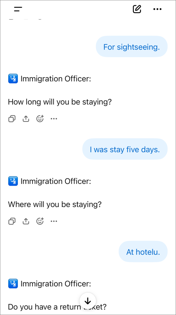 Chat GPTと入国審査のロールプレイをしている様子