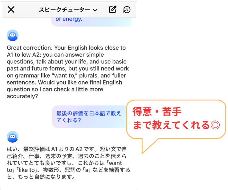 Speak_AIチューターにCEFRの結果を教えてもらっている様子